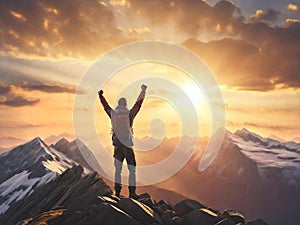 Victorious man with hands raised on top of the mountain in sunset, generative ai