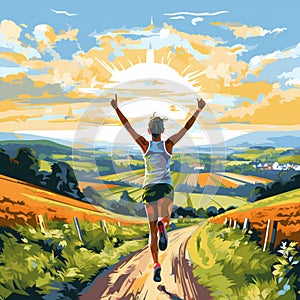 Victorious Marathon Runner Crossing the Finish Line in a Beautiful Countryside