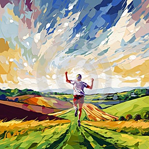 Victorious Marathon Runner Crossing the Finish Line in a Beautiful Countryside