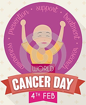 Victorious Young Lady Celebrating World Cancer Day in Flat Style, Vector Illustration