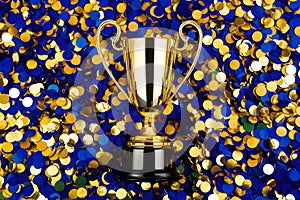 Victory celebration golden trophy surrounded by festive confetti