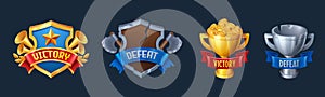 Victory and defeat game badges set