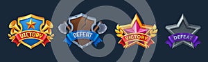 Victory and defeat game user interface badges.