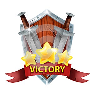 Victory game badge, winner vector award trophy, medieval wooden shield, sword, ribbon, stars.