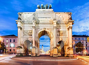 Victory Gate in Munich - Siegestor, Germany at dusk