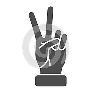 Victory gesture solid icon, Hand gestures concept, Peace sign on white background, Two fingers up icon in glyph style