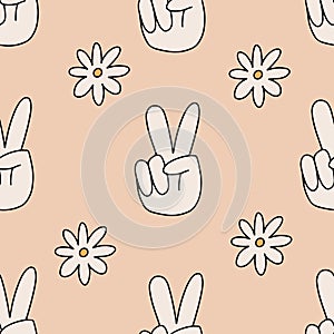 Victory hand emoji seamless pattern. Chat emoticon icon background. Peace gesture and sign.