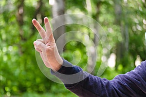 Victory hand sign. Gesture mens hand of two fingers. Concept of positive, peace, win. Closeup view on green nature background.