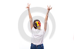Victory, happy and goal scream emotions of Belgian football fan in game support of Belgium national team on white background.