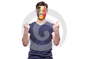 Victory, happy and goal scream emotions of Belgium football fan in game support of Belgium national team on white background.