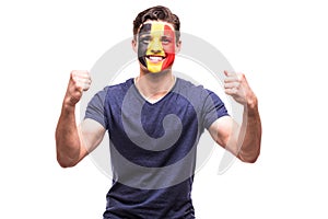 Victory, happy and goal scream emotions of Belgium football fan in game support of Belgium national team on white background.