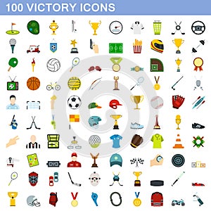 100 victory icons set, flat style
