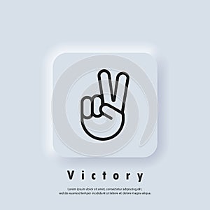 Victory logo. Sign of victory or peace. Hand gesture of human. Two fingers raised up. Vector EPS 10. UI icon. Neumorphic UI UX