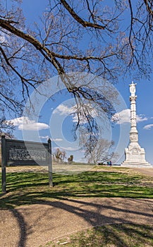 Victory monument info panel and memorial itself, Yorktown, VA, USA
