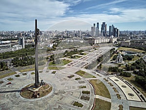 Victory monument. Victory Park on the Poklonnaya Gora the Poklonnay Hill. Cityscape aerial drone view