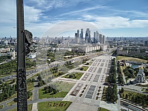 Victory monument. Victory Park on the Poklonnaya Gora the Poklonnay Hill. Cityscape aerial drone view