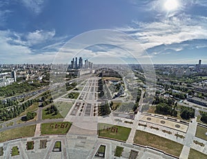 Victory monument. Victory Park on the Poklonnaya Gora the Poklonnay Hill. Cityscape aerial drone view