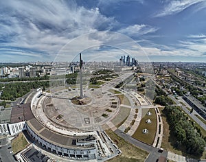 Victory monument. Victory Park on the Poklonnaya Gora the Poklonnay Hill. Cityscape aerial drone view