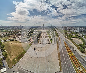 Victory monument. Victory Park on the Poklonnaya Gora the Poklonnay Hill. Cityscape aerial drone view