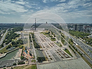 Victory monument. Victory Park on the Poklonnaya Gora the Poklonnay Hill. Cityscape aerial drone view