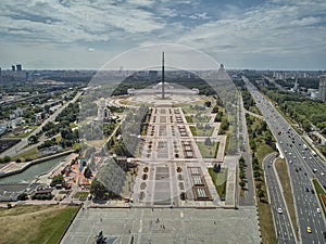 Victory monument. Victory Park on the Poklonnaya Gora the Poklonnay Hill. Cityscape aerial drone view