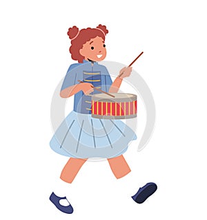 Victory Parade Celebration, Musician Girl Character Walking With March Playing Drum. School Orchestra Playing Instrument