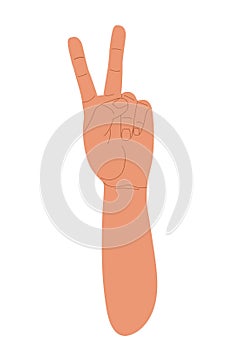 Victory and peace sign with fingers. Human V hand sign isolated on white background. Hand drawn Hand gesture in Cartoon