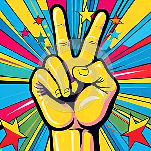 Victory peace sign hand gesture psychedelic background colors stars