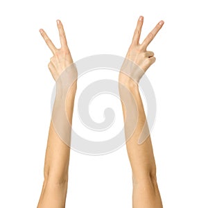 Victory sign. Woman hand gesturing isolated on white