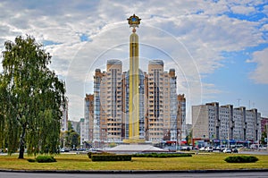 Victory Square with stele and residential buildings in Lipetsk