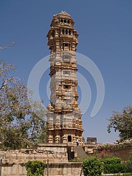 Victory tower in Chittorgarh ruins in Rajasthan photo