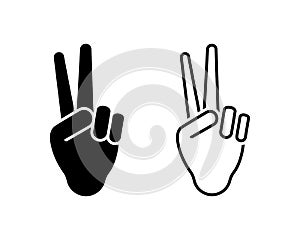 Victory win V sign hand gesture vector illustration set. Two fingers peace icon line outline silhouette pictogram