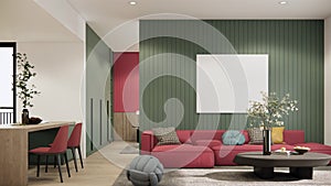 Video 4K, trendy modern room interior design and decoration with red fabric sofa, blank canvas frame on green wall. 3d rendering