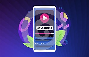 Video Advertising modern vector illustration. Digital Marketing with online broadcasting and streaming video content