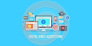 Digital video advertising, video content marketing, digital media promotion, audience engagement concept. Flat design banner.
