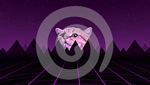 Video animation with cat face on grid is appearing under mountains on dark purple background.
