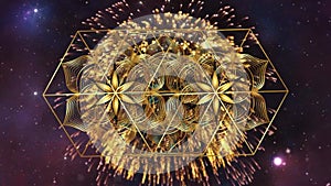 Video animation gold shiny Lotus Flower of Life in motion. Golden Sacred geometry in the moving galaxy, starry background