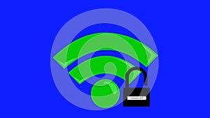 video animation green wi-fi signal and icon padlock password