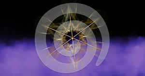 Video animation Metatron Cube, Flower of Life. Golden Sacred geometry, purple graphic fog smoke black background