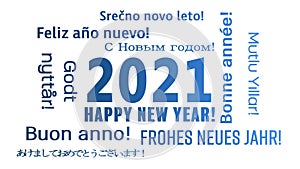 Video animation of a word cloud with the message happy new year in blue and in different languages