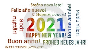 Video animation of a word cloud with the message happy new year in colorful and in different languages