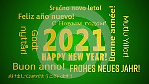 Video animation of a word cloud with the message happy new year in gold and in different languages