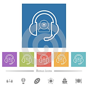 Video assistance outline flat white icons in square backgrounds