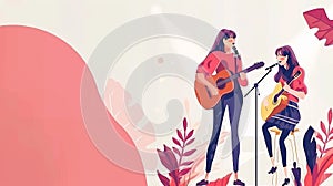 A video banner for vocal lessons. A female character is singing with a microphone and the teacher is playing the guitar