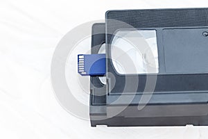 The video is big and small. Memory card to record video. The concept of perfect video storage technology. on a white background.