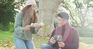 Video of biracial couple warmly having a picnic time in the garden