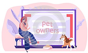 Video blog for pet owners, women near computer screen with tutorial about keeping dogs at home