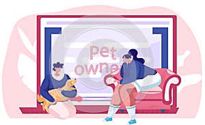 Video blog for pet owners, women near computer screen with tutorial about keeping dogs at home