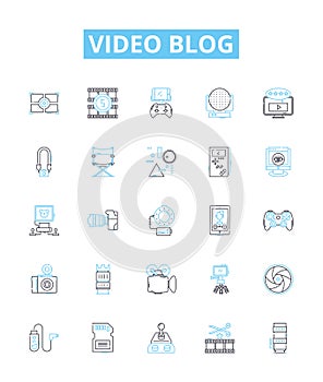 Video blog vector line icons set. Vlog, Video-blog, Videoblog, Blogging, Video-logging, Streaming, YouTube illustration