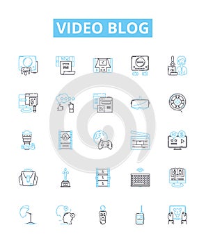 Video blog vector line icons set. Vlog, Video-blog, Videoblog, Blogging, Video-logging, Streaming, YouTube illustration